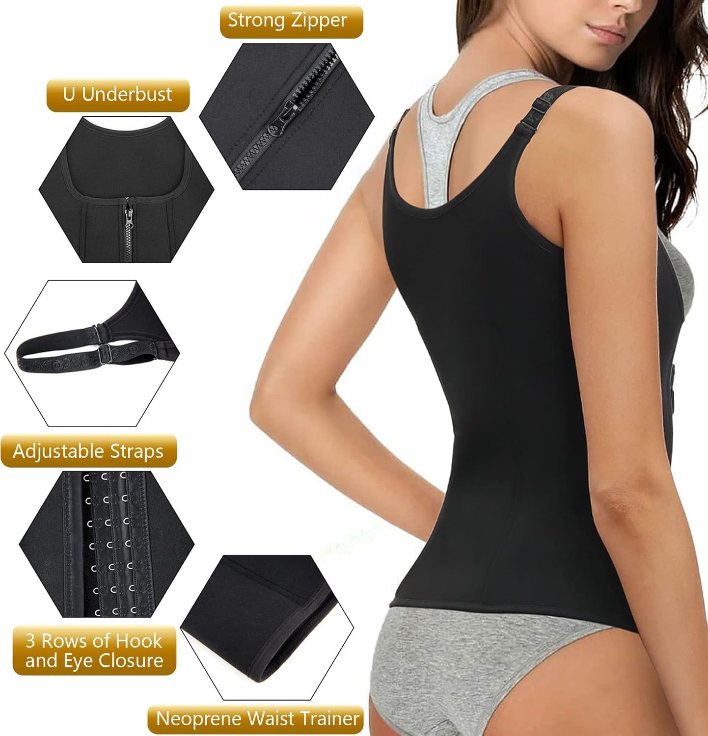 Waist Trainer Women Cincher Corset - Vest Trimmer Body Shaper - Shapewear Sports Girdle Sweat Belt Tank Top with Strap Zipper