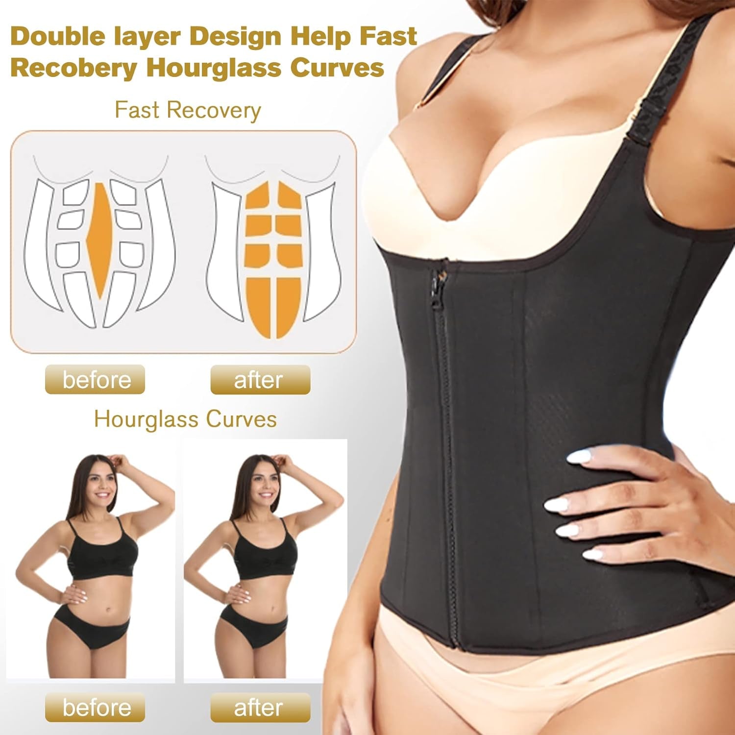 Waist Trainer Women Cincher Corset - Vest Trimmer Body Shaper - Shapewear Sports Girdle Sweat Belt Tank Top with Strap Zipper